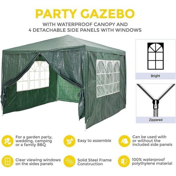 DayPlus Garden Gazebo with Sides 3M x 3M Outdoor Garden Shelter with Detachable Sides Waterproof Beach Party Festival Camping Tent Canopy Wedding PE-3X3-G-4-NEW