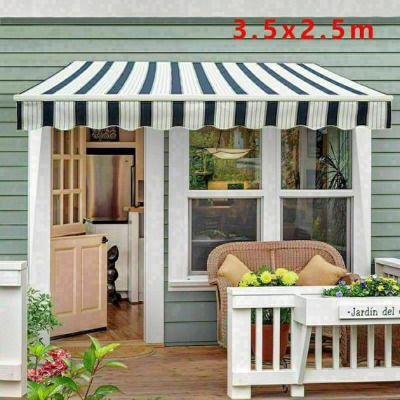 Greenbay 3.5 x 2.5m Manual Awning Garden Patio Canopy Sun Shade Shelter Retractable Blue-White 7425650154386 602AW3525BW