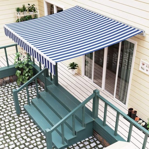 Bamny - Manual awning for patio, courtyard, balcony, restaurant, café Articulated arm awning, UV protection and waterproof (2.5 x 3m, Blue-White) 768558600744 768558600744