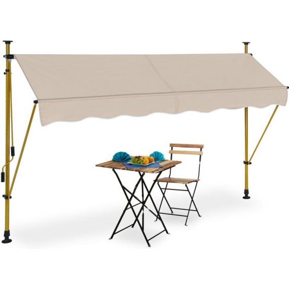Clamp Awning, 300 x 120 cm, Height Adjustable, No Drilling Required, uv Protection, Sand/Gold - Relaxdays 4052025984694 10041461_833_GB
