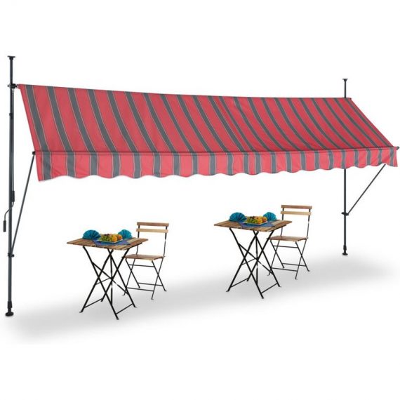 Clamp Awning, 400 x 120 cm, Height Adjustable, No Drilling Required, uv Protection, Grey/Red - Relaxdays 4052025984311 10041467_835_GB