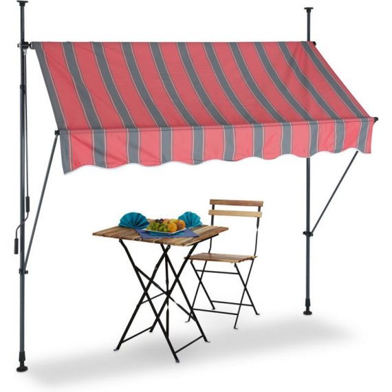Clamp Awning, 200 x 120 cm, Height Adjustable, No Drilling Required, uv Protection, Grey/Red - Relaxdays 4052025984359 10041467_831_GB