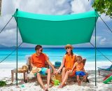 Costway - 2.1 x 2.1m Beach Sunshade, upf 50+ & Waterproof Canopy Tent with Aluminum Poles, 4 Sandbag Anchors, 4 Peg Stakes and Carry Bag, Sun Shade OP70406GN