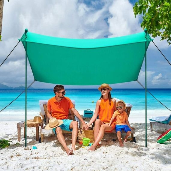 Costway - 2.1 x 2.1m Beach Sunshade, upf 50+ & Waterproof Canopy Tent with Aluminum Poles, 4 Sandbag Anchors, 4 Peg Stakes and Carry Bag, Sun Shade OP70406GN