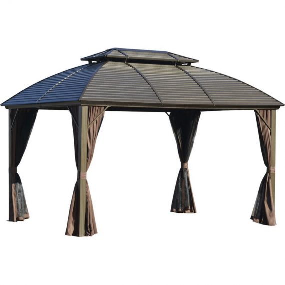 Outsunny 3.65 x 3(m) Aluminum Outdoor Gazebo w/ Hardtop Double Roof Sidewalls - Brown 5056534565473 5056534565473