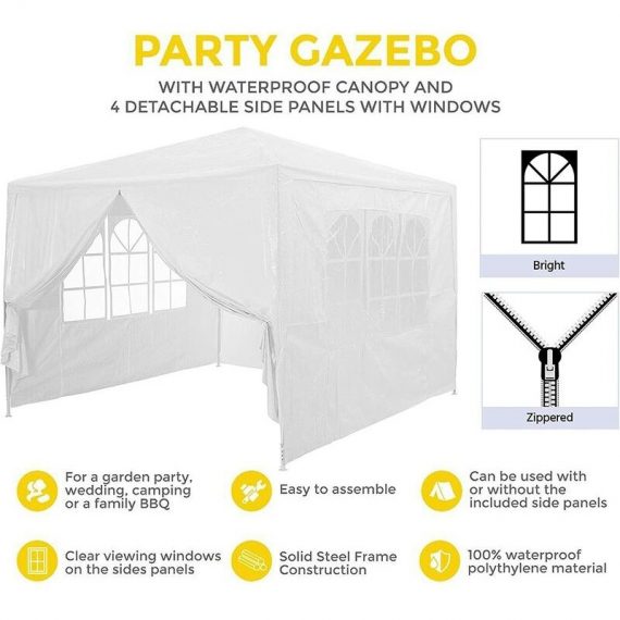 DayPlus Garden Gazebo with Sides 3M x 3M Outdoor Garden Shelter with Detachable Sides Waterproof Beach Party Festival Camping Tent Canopy Wedding PE-3X3-W-4-NEW