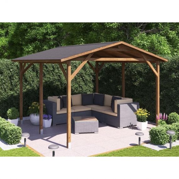 Dunster House Ltd. - Wooden Gazebo Utopia Gable 3.5m x 3m - Heavy Duty Garden Shelter Pressure Treated and Roof Shingles 8634 5055438720018
