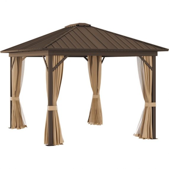 Outsunny 3.6 x 3(m) Outdoor Hardtop Gazebo Metal Roof Patio Gazebo with Aluminum Frame, Mesh Nettings, Curtains, & Roomy Interior Space, Brown 84C-095V01 5056534566364