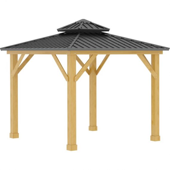 Outsunny 3x(3)M Outdoor Hardtop Gazebo Canopy with 2-Tier Roof and Solid Wood Frame Outdoor Patio Shelter for Patio, Garden, Grey 84C-253GY 5056534570118