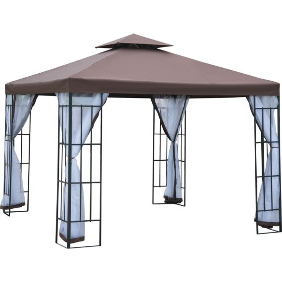 Outsunny 3 x 3(m) Patio Gazebo Canopy Garden Pavilion Tent Shelter with 2 Tier Roof and Mosquito Netting, Steel Frame, Coffee 01-0153 5060265998615