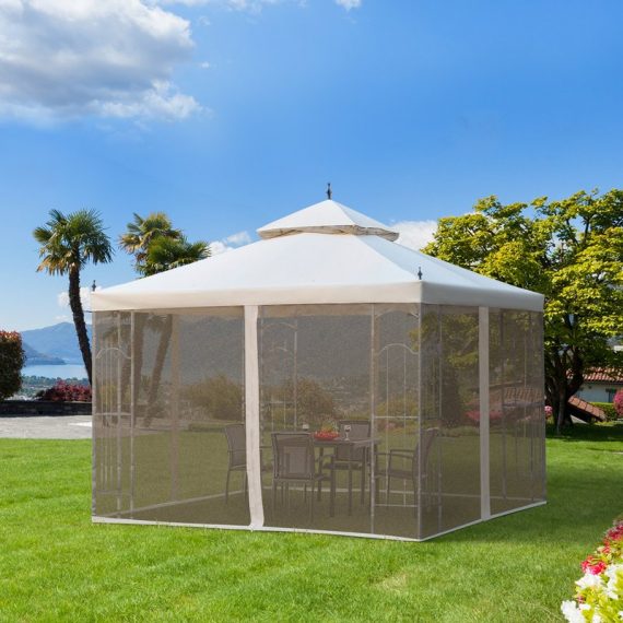 Outsunny 300x300cm Garden Gazebo Double Top Outdoor Canopy Patio Event Party Tent Backyard Sun Shade with Mesh Curtain Beige 84C-028 5056029882894