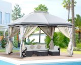 Outsunny 3.7 x 3(m) Metal Gazebo Canopy Party Tent Garden Patio Shelter with Netting Sidewalls & Double Tiered Roof, Grey 84C-210GY 5056399145681