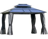 Outsunny 3.6 x 3(m) Polycarbonate Hardtop Gazebo Canopy with Double-Tier Roof and Aluminium Frame, Garden Pavilion with Mosquito Netting and Curtains 84C-215V01 5056534558833