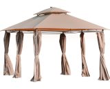 Outsunny 4 x 3(m) Outdoor Gazebo Canopy Party Tent Garden Pavilion Patio Shelter w/ LED Solar Light, Double Tier Roof, Curtains, Steel Frame, Khaki 84C-213 5056399150333