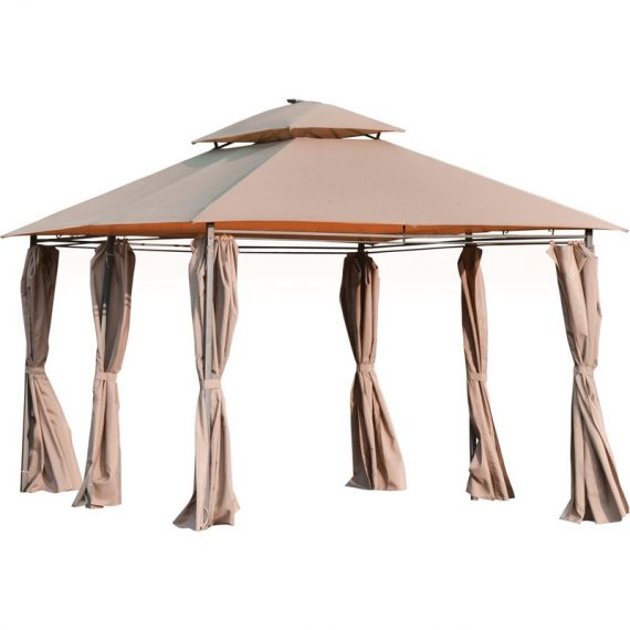 Outsunny 4 x 3(m) Outdoor Gazebo Canopy Party Tent Garden Pavilion Patio Shelter w/ LED Solar Light, Double Tier Roof, Curtains, Steel Frame, Khaki 84C-213 5056399150333