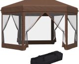 Outsunny 3x3.5m Hexagonal Pop Up Gazebo Party Canopy Height Adjustable Tent Sun Shelter w/ Mosquito Netting Zipped Door, Brown 84C-107 5061025088553